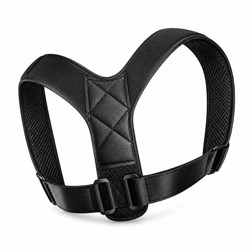 A black ergonomic dog harness with padded quilted stitching on the center panel and breathable mesh side panels, featuring adjustable straps with plastic buckles, shown on a white background.